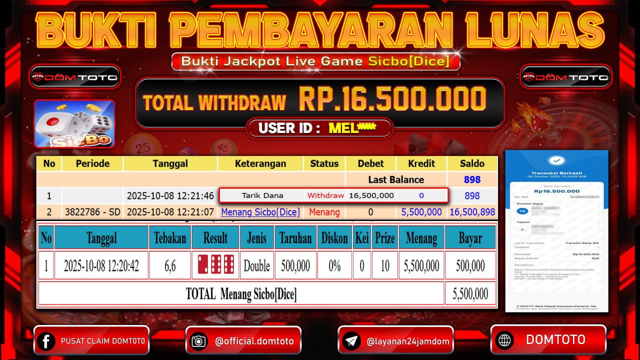 JACKPOT Live Game Sicbo [Dice] 08 OKTOBER 2025
